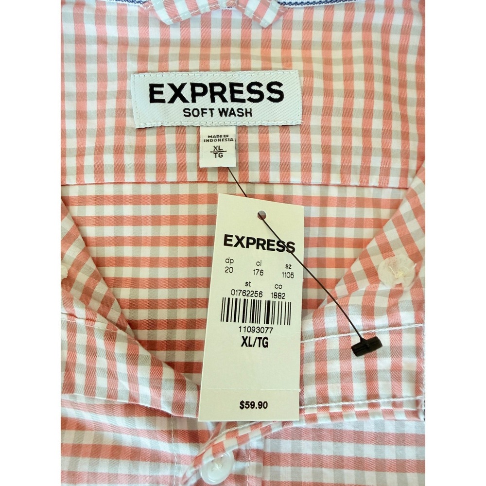 Express Soft Wash Mens XL Gingham Button Up Shirt Salmon Pink White Long Sleeve